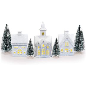 Mark Feldstein & Associates Village with Trees White Unglazed Porcelain Christmas Figurines, 7 Piece Set, 5 Inch