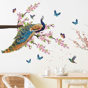 Peacock Peach Blossom Wall Decals Pink Flowers Tree Branch Wall Stickers Chinese Style Bird Butterflies Wall Art Flying Flower Vinyl DIY Removable Wall Murals for Kids Nursery Home Decoration