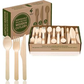 Disposable Wooden Cutlery Set - 300 Count (100 Forks, 100 Knives, 100 Spoons) – Plastic-free Packaging - Biodegradable Silverware and Splinter-free Compostable Utensils for Parties
