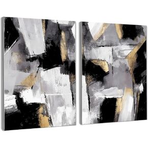 BearCake Abstract Black and Gold Wall Art Set of 2 - Modern Black Gold and White Wall Decor Poster for Bedroom Living Room, Oil Painting Abstract Pictures for Home Office Decor, 11x14 Inches Framed
