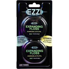 EZZI Woven Expanding Dental Floss | Naturally Waxed & Textured w/Charcoal & Xylitol to Optimally Clean Gums | Mint | Thick & 109 Yards