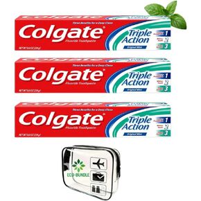 Colgate Triple Action Anticavity Fluoride Toothpaste, Original Mint, 8.0 oz - (3 Pack) with Eco-Bundle TSA Approved Travel Bag