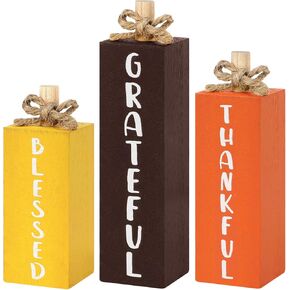 3Pcs Thanksgiving Decoration Table Wood Sign Fall Wooden Centerpiece Autumn Table Decor Gifts Harvest Block Table Tiered Tray Decor for Farmhouse Home Kitchen Mantel Shelf Office Supplies