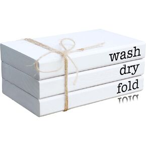 LIVDUCOT Mini Laundry Room Decor, Farmhouse Laundry Wooden Book stack, Cute Laundry Rules Tray Decor, Wash Dry Fold Sign