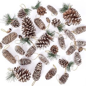 32 Pcs Christmas Natural Pine Cones Omaments Bulk, Snow Pinecones with Strings Rustic Pine Cone Pendant for Decorating Christmas Tree DIY Crafts Xmas Gift Tag Party Hanging Winter Holiday Decorations