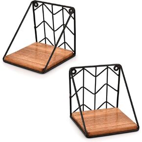 Floationg Shelf Iron & Acacia Wood Wall Mounted Set of 2 Storage Shelves, Rustic Wood Shelf for Bedroom, Living Room (5" X 5" X 5")