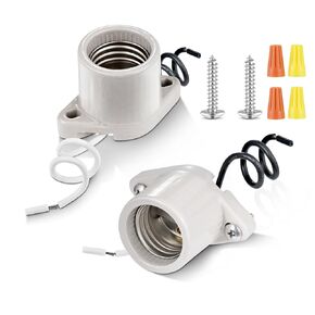 Surface Mount Light Socket,E26 Medium Screw Porcelain Light Socket,Cleat Light Socket with Two Hole Flanged Mounting,Keyless Sockets with 6" Leads (2)