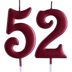 Red 52nd Birthday Candle, Number 52 Years Old Candles Cake Topper, Woman Or Man Party Decorations, Supplies