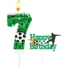 2pcs Green Soccer Birthday Candles Glitter Number 7 Candle and Soccer Cake Topper Sport Theme Birthday Candles Smokeless Candles for Man Boy Girl Football Player Birthday Party Supplies