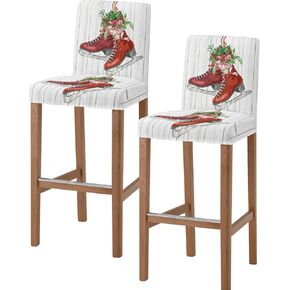 Christmas Bar Stool Covers Buffalo Plaid Bow Bar Chair Cover Set of 2 Stretch Chair Covers Red Bell Pine Needles Xmas Counter Height Chair Slipcovers Protectors for Kitchen Dining Room Pub Cafe