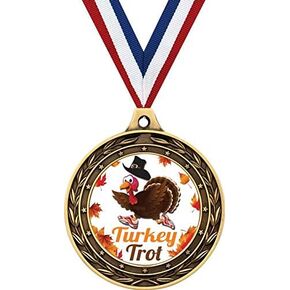 Turkey Trot Gold Duo Medal, 3" Turkey Trot Prizes, Kids Thanksgiving Trophy Medal Awards Prime
