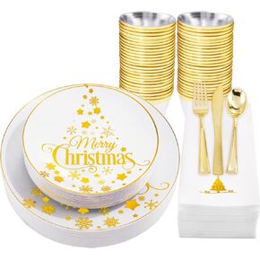 Hioasis 175 Pcs Thanksgiving Plastic Plates - White and Gold Plates Disposable Includes 25 Dinner Plates,25 Dessert Plates, 25 Knives, 25 Forks, 25 Spoons, 25 Cups, 25 Napkins Perfect for Party