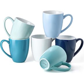 Porcelain Coffee Mugs Set of 6, 13 Ounce Coffee Cups with Handle, Ceramic Tea Mugs for Latte, Hot Tea, Cappuccino, Mocha, Cocoa, Blue Assorted Colors Mug Gift Set, Dishwasher and Microwave Safe
