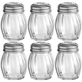 OCS Parts 3.5-Inch Glass Shakers with Chrome Plated Slotted Lids | 6-Pack | Grated Cheese, Chili and Red Pepper Shaker for Home Kitchens, Delis, Restauarants, and Pizza Parlors