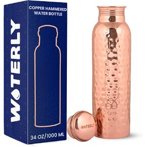Plain Copper Water Bottle With Set Of 2 Plain Tumbler | Ayurvedic Copper Storage Water Bottle | Pure Authentic Copper Bottle (34 Oz /1000ml ) With Set 2 Copper Tumblers For Drinking
