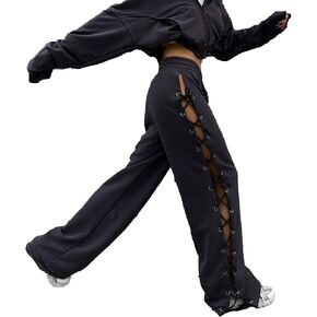xxxiticat Women's Lace Up Sweatpants High Rise Drawstring Waist Cutout Hollow Out Side Bandage Tie Up Wide Leg Trousers