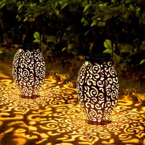 Solar Lanterns Outdoor Waterproof, 2 Pack Solar Garden Lanterns, LED Hanging Lanterns Solar Powered with Handle, Halloween Decorative Retro Metal Solar Light for Table Pathway Walkway, Gardening Gifts