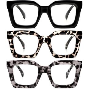 REAVEE 3 Pack Oprah Style Oversized Reading Glasses for Women Men, Blue Light Blocking Computer Thick Frame stylish Square Readers with Spring Hinge((Black/Grey Tortoise/Clear Tortoise, 0.0)