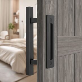 Moquin 2 Pack Pull and Flush Handle Set, 11 Inch Round Heavy Duty Sliding Barn Door Handle, Black Double Sided Design Door Handle for Barn Door Closet Shed Garage