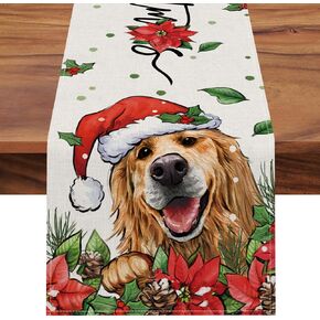 Seliem Merry Christmas Golden Retriever Dog Table Runner, Xmas Puppy Red Berry Poinsettia Kitchen Dining Table Decor, Winter Holiday Farmhouse Home Decoration Indoor Outdoor Party Supply 13x72 Inches
