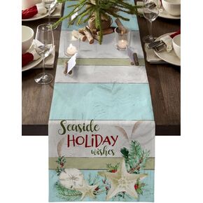 Coastal Christmas Table Runner - 90 Inch Long Seaside Holiday Wishes Xmas Beach Starfish Cotton and Linen Blended Dress Scarves Farmhouse Table Runner for Kitchen Dining, Coffee Table, 13" x 90"