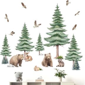 Large Pine Tree Wall Decals - Woodland Animal Bear Wall Stickers - Girls Bedroom Baby Nursery Kids Room Wall Decor