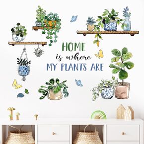 Mfault Home is Where My Plants are Wall Decals Stickers, Green Hanging Potted Bonsai Chinoiserie Decorations Kids Bedroom Art, Succulent Butterfly Home Office Classroom Living Room Kitchen Decor