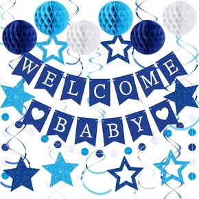 25 Pcs Pink Baby Shower Decorations, Welcome Baby Banner with Glitter Stars, Hanging Swirls, Honeycomb Balls, Circle Dots Garland for Gender Neutral Baby Shower Decor Reveal Party