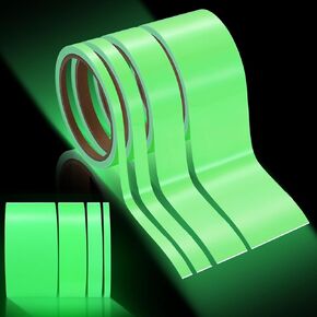 4 Rolls Waterproof Glow in The Dark Tape 16 ft Reflective Long Lasting Bright Fluorescent Glow Sticker Luminous Roll Tape for Outdoor Sports Markers Stairs Night Decoration, 4 Sizes