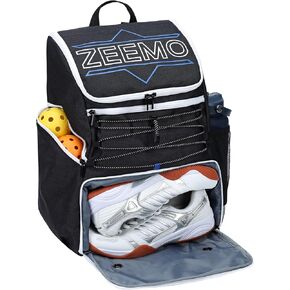 ZEEMO Pickleball Bag with Ventilated Shoe Compartment, Sport Backpacks for Accessories, and up to 4 Rackets, Paddles, with Fence Hook, Storage Pockets, Black