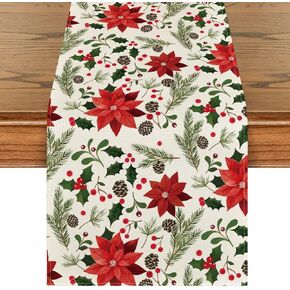 Artoid Mode Leaves Poinsettia Pine Cone Christmas Table Runner, Seasonal Winter Kitchen Dining Table Decoration for Home Party Decor 13 x 90 Inch