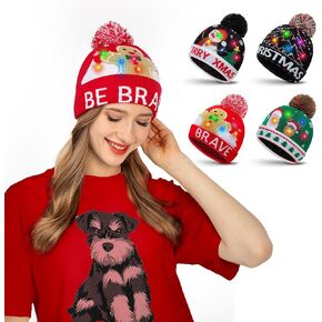 4 Pack LED Light up Christmas Beanie Hats Xmas Knitted Hat Unisex Winter Hat Flashing Knit Cap Party Hat for Men Women Holiday Party Supplies (Battery Included)
