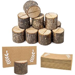 24Pcs Rustic Wood Place Card Holders and 30Pcs Kraft Table Name Place Cards, Wood Table Number Holders, Wooden Photo Holders, Name Card Photo Picture Clips for Fall Tabel Decor Thanksgiving Dinner Party.