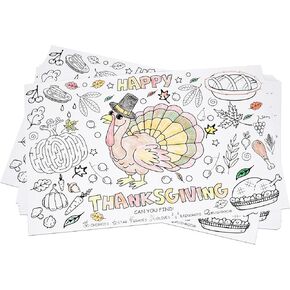 Gift Boutique Disposable Thanksgiving Place Mats for Kids 50 Pack Turkey Coloring Activity Paper Place Mat 11" x 17" Thankful Autumn Table Mat Chargers for Dinner Table Children Fall Party Décor