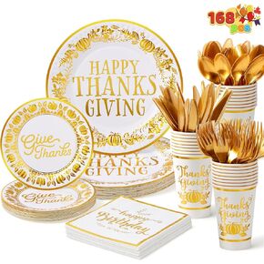 JOYIN 168Pcs Thanksgiving Paper Plates Set, Disposable Dinnerware for Festive Gathering,Thanksgiving Party Fall Harvest, Paper Gold Disposable Dinnerware Set for 24 Guests, Thanksgiving Party Supplies