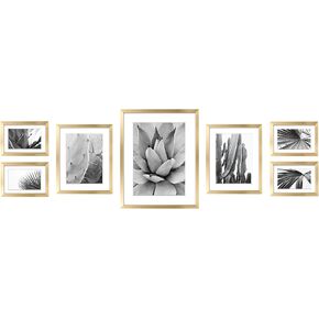 ArtbyHannah 7 Pack Gallery Wall Picture Frames Sets with Decorative Botanical Art Prints for Photo Frame Collages for Home Decoration, Natural Frames, Multiple Sizes One 11x14, Two 8x10, Four 5x7