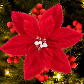 6Pcs Christmas Tree Picks Artificial Velvet White Christmas Poinsettia Flowers Xmas Stem Plush Poinsettia Flowers with Clips & Berry Buffalo Check Pattern Ornament for Xmas Tree Wreath Fireplace Decor