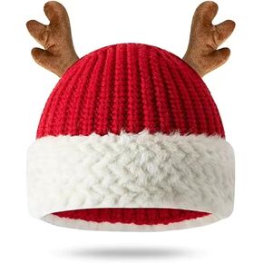 Christmas Deer Reindeer Knit Beanie Hat for Kids Adults, Santa Hat Warm Funny Beanie Xmas Winter Hats for New Year Festive Holiday Party