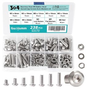 200 PCS M5 x 30mm 35mm 40mm 45mm 50mm, Button Head Socket Cap Screws Bolts Washers Nuts Assortment Kit, Stainless Steel 304, Metric Allen Hex Drive