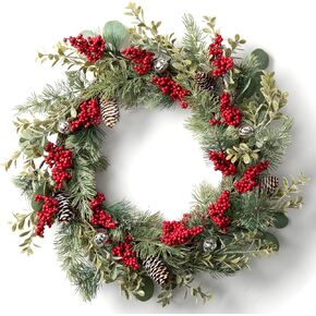 LOHASBEE Artificial Christmas Wreath, 22" Pine Cone Grapevine Glitter Wreath with Bells, Red Berries Eucalyptus Boxwood for Front Door Winter Greenery Home Hanging Wall Party Decor