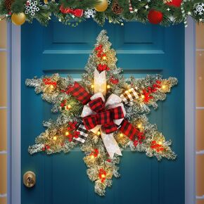 Dingion 24 Inch Christmas Star Wreath for Front Door, Pre lit Christmas Wreath with Lights Star Wreaths with red Black Plaid Bow, Winter Door Wreath for Indoor Outdoor Farmhouse Festival Home Decor
