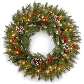 National Tree Company Pre-Lit Artificial Christmas Wreath, Green, Frosted Berry, White Lights, Decorated with Pine Cones, Berry Clusters, Frosted Branches, Christmas Collection, 30 Inches