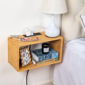 Floating Nightstand Oak Wooden Shelf Wall Mount - Stylish & Minimalistic Bedside Shelf Hanging Charging USB Charger Station Rest Side Table for Bedroom Living Room Office Home Decor (Natural)