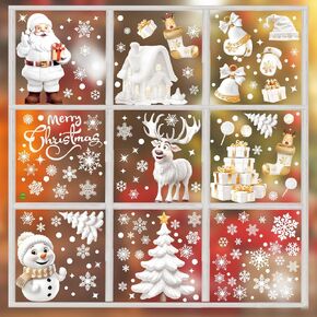 9 Sheets Christmas Window Clings for Glass Windows, Christmas Static Window Stickers Double Sided Xmas Window Decorations Snowflake Santa Claus Elk Window Decals for Winter Party (Style 1)