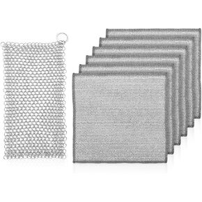 مجموعة تنظيف الحديد الزهر 7 قطع من LANMU، تتضمن منظف سلسلة البريد، وقماش أطباق سلكي غير قابل للخدش للمقالي وأحواض مواقد الفرن الهولندية in Kuwait