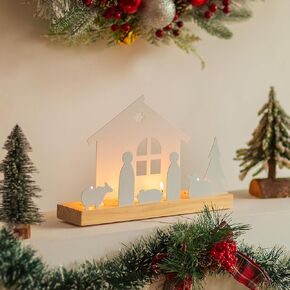 Nativity Scene Set Candle Holder - Romadedi Christmas Manger Indoor Decorations Small with Wooden Base White Nativity Set for Table Fireplace Mantle Ideal for Christmas Decor