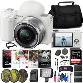Sony ZV-E10 Mirrorless Camera with 16-50mm Lens (Black) (ILCZV-E10L/B) + 64GB Memory Card + Filter Kit + LED Light + External Charger + 2 x NPF-W50 Battery + Card Reader + More (Renewed)