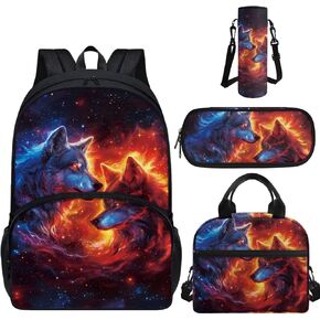Wolf Teen Backpack With Lunch Box 12-14 Years Old School Bag for Middle School Boys Girls 8th Grade 4pcs Rucksack Sets Back to School Gift