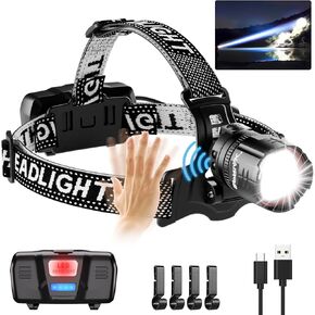 90000 Lumens LED Headlamp& 100H Using Time, USB Rechargeable Head lamp, 90° Adjustable Widebeam Motion Sensor Head Light with 5 Modes,Zoomable for Camping Running Hiking Hard Hat Headlamps 2pc
