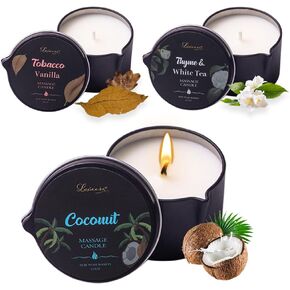 3 Pack Scented Massage Candles Coconut Oil Based-Daily Moisturizing Body Oil Relaxing-Natural Therapy Oil Candles-6.9OZ (Coconut, Tobacco Vanilla, Thyme & White Tea)